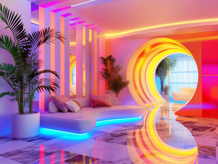 Representación 3D de diseño interior futurista inspirado en figuras geométricas y minimalismo con colores brillantes