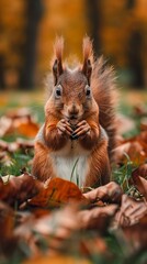 Red squirrel eating food on green grass among autumn leaves