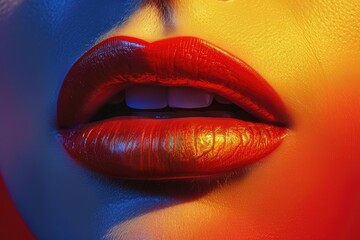 Colorful Close-Up of Glossy Red Lips with Artistic Lighting in Vivid Colors