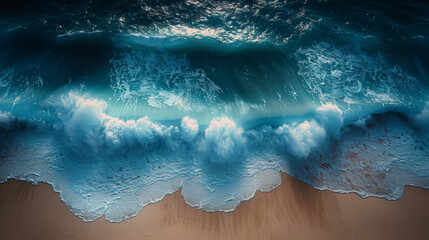 Wall Mural - Overhead photo of crashing waves on the shoreline beach. Tropical beach surf. Abstract aerial ocean view