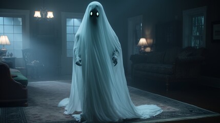 Wall Mural - a ghost in a white dress standing in the middle of a living room