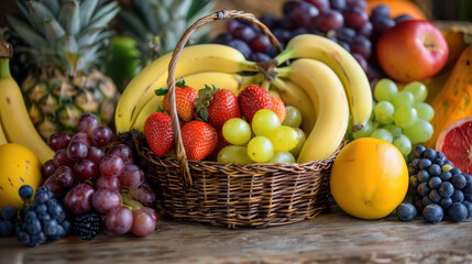 Wall Mural - A basket of fruit including bananas, strawberries, grapes, and oranges