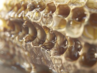 Wall Mural - Hyperrealistic natural look closeup shot of an individual bee on the surface of honeycomb, with detailed focus on its wings and body, surrounded by richly textured partially orange and sienna