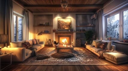 Wall Mural - This cozy living room features a fireplace, antique furniture, and natural light, creating a warm ambiance AIG59