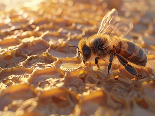 Wall Mural - Hyperrealistic natural look closeup shot of an individual bee on the surface of honeycomb, with detailed focus on its wings and body, surrounded by richly textured partially orange and sienna