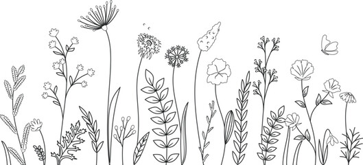 Wildflowers and grasses with various insects. Fashion sketch for various design ideas. Monochrome print.	