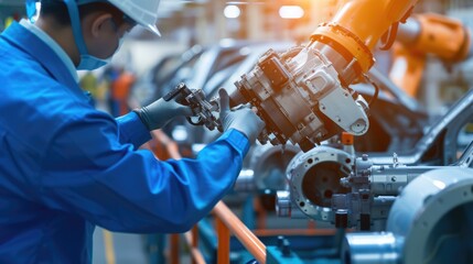 Smart industrial worker working and checking mechanic parts at production line in factory by using innovation technology with blurring background. Skilled engineer inspecting product quality. AIG42.