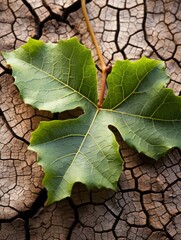 a green leaf on a cracked surface