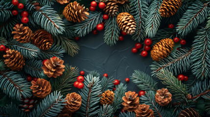 Sticker - overhead view on spuce and thuja branches with cones, Christmas background