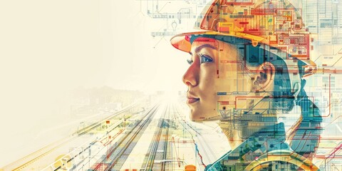 The photo shows a female engineer wearing a hard hat and safety glasses, looking at a construction project. She is wearing a hard hat and safety glasses. The photo is taken from a low angle, making