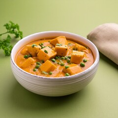 Wall Mural - Indian delicious cuisine matar paneer on green background