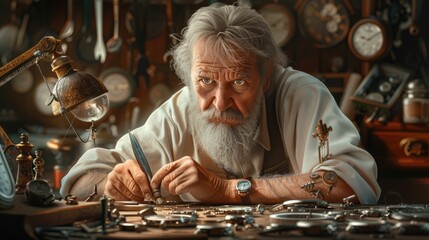 The picture of the adult professional watchmaker working inside workshop that has been filled with various kind of clock and watch, watchmaker need to use concentration and accuracy fix clock. AIG43.