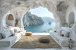 © Quasarai - Elegant minimalist interior design in a Santorini villa, featuring subtle stone textures and thoughtful design choices. The tranquil and clutter-free space offers a serene and inspiring living environ