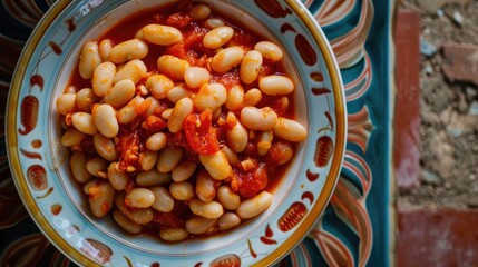 Wall Mural - Close up overhead view of a plate of beans in tomato sauce
