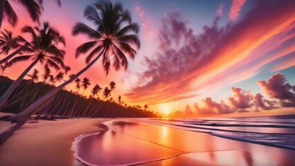 Wall Mural - A stunning tropical beach at sunset with tall palm trees silhouetted against a vibrant sky. 