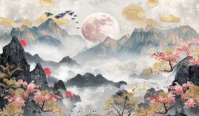 Poster - painting of a beautiful, peaceful landscape with mountains and trees, asian, scenic view