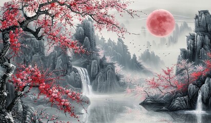 Wall Mural - painting of a beautiful, peaceful landscape with mountains and trees, asian, scenic view