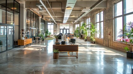 Wall Mural - Background image of office interior with large windows with city urban view, plants, and wooden desks at sunset. Modern workplace and urban greenery concept. Design for poster, wallpaper. AIGT2.