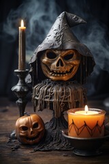 Poster - a halloween decoration with a witchs hat and a candle