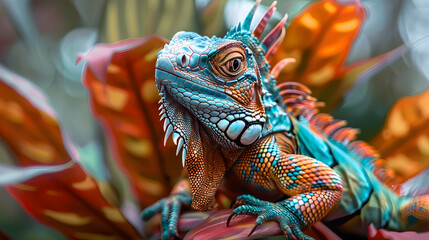 Vibrant Blue and Orange Iguana Illustration on Red Foliage