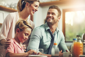 Sticker - Home, parents and boy with breakfast, food and happiness in kitchen, bonding together and smile. Family, mother and father with kid, healthy meal and hungry with nutrition, wellness or care in house