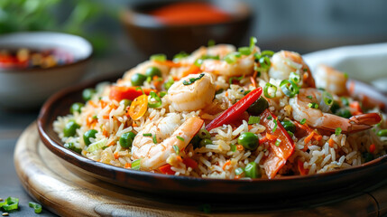 Canvas Print - A plate of shrimp and rice with vegetables