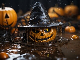 Sticker - a halloween pumpkin with a witch hat on it in the water