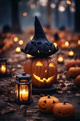 Sticker - a halloween pumpkin with a witch hat on it surrounded by lanterns