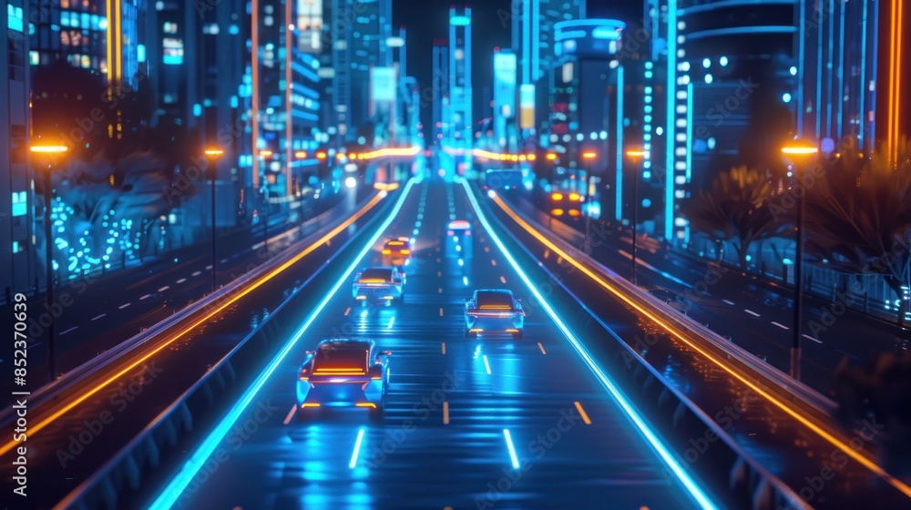 Autonomous cars on the road in city at nightA car on the highway with glowing data lines around it. Dynamic Rear View of Car Traveling on Wet Road at Night