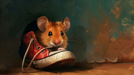 Cute Mouse Illustration Inside A Red Shoe