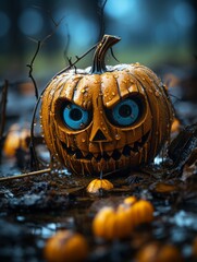 Sticker - a halloween pumpkin with blue eyes on the ground