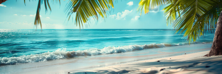 Wall Mural - Beautiful tropical beach with palm trees and blue water banner background, close up