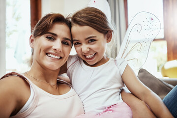 Sticker - Mother, girl and smile on selfie on sofa for memories, fun and care with support for child development. Parent, kid and happy in living room on couch for social media, bonding and home with butterfly