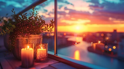 Wall Mural - Rooftop balcony at sunset with warm, soft tones and blue light, creating a serene life vibe