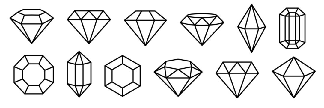 Set of diamonds line in a flat icons style. Abstract black diamond collection icons. Gemstone icons in a linear minimal style. Vector icon logo design diamonds.