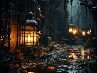 Sticker - a halloween scene with lanterns and pumpkins