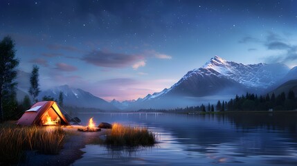Wall Mural - A cozy campsite with a tent, campfire, and starry night sky in the background. List of Art Media: Photograph inspired by Spring magazine.