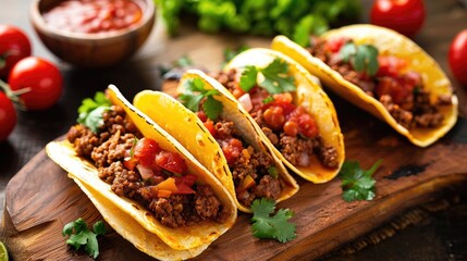 Wall Mural - Beef filled Mexican tacos in savory tomato sauce viewed from above