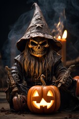 Poster - a halloween witch sitting on a table with a pumpkin