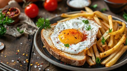 Canvas Print - A meal consisting of a fried egg toast and fries served on a wooden table