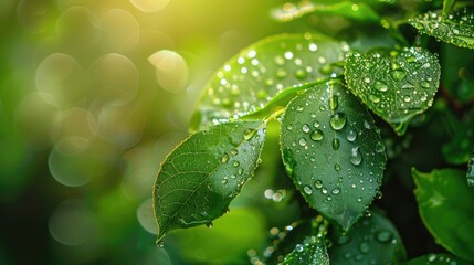 Poster - Water droplets on green leaf background in a banner layout