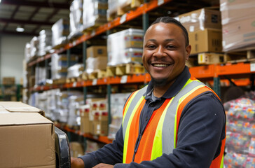 Wall Mural - Smiling warehouse worker in a yellow vest with a hand truck working at a desk and holding a box