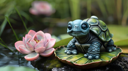 Wall Mural - Cute Turtle on a Lily Pad 3D Illustration