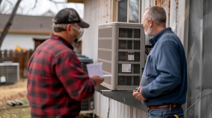 Air Source Heat Pump Inspection, Technicians Reviewing Plans Outdoor hyper realistic 