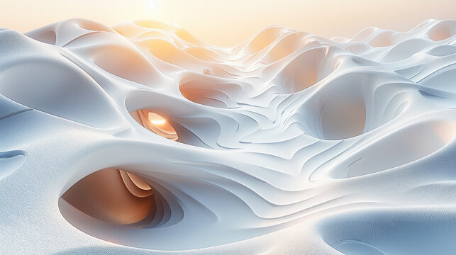 A surreal digital landscape of swirling white forms with golden light filtering through, creating a dreamlike and ethereal scene