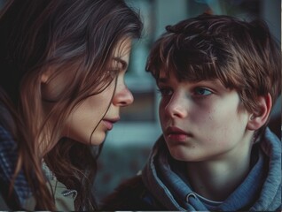 Stunning high resolution photos of a smart teenager, puzzled by problems, sharing them with his mother, caring emotions. Family