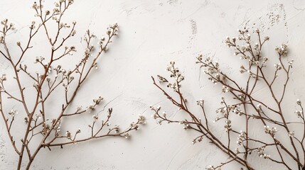 Vintage wooden branches set against a white plaster wall, decorated with sparkling crystals.