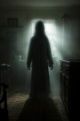 Poster - a man in a hooded robe is standing in a dark room