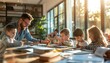 © nur - A teacher with a group of children is studying together in class