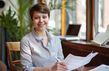 Wall Mural - Young woman sitting at desk, holding paper with document and pen in hand while smiling.